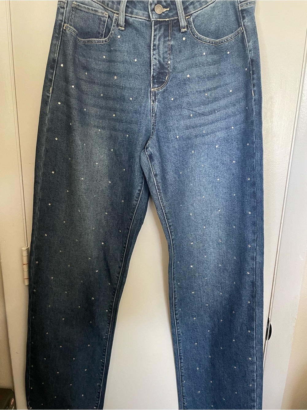 Express Blue Straight-Leg Jeans with Tiny rhinestone embellishment